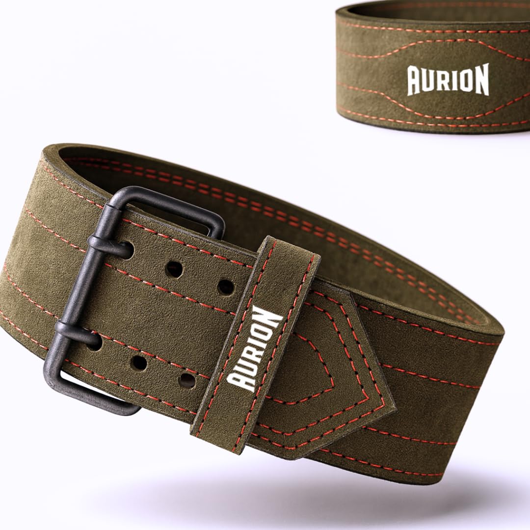 Aurion 6mm Suede Gym Belt for Weight Lifting, Premium Leather Deadlift Belt with Stainless Steel Double Pronged Buckle, Powerlifting Belt for Back Support, Gym Belt for Men & Women, L XL (32" to 46")
